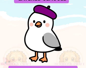 SVG geschichteter Kawaii Vogel mit Beret Hut, niedliche Clipart Aufkleber PNG, digitaler Download