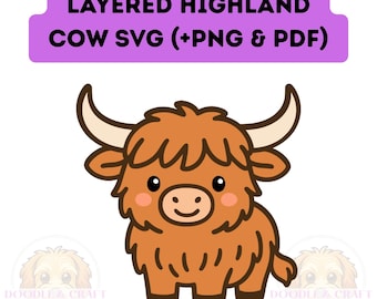 Highland Kuh SVG Niedliche Kawaii Schottische Rinder geschnitten Datei, druckbare Wandkunst PNG PDF Sofortiger digitaler Download