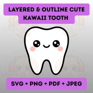 Peut inclure: Illustration d'une dent kawaii mignonne avec un visage souriant, un contour noir et des joues roses. L'image comprend le texte "LAYERED & OUTLINE CUTE KAWAII TOOTH" dans une bannière violette, ainsi que "SVG + PNG + PDF + JPEG".