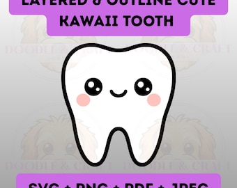 Cute Tooth SVG Outline and Layered Bundle Cut File for Cricut, Kawaii Clipart Sticker Kids Tooth Fairy PNG Baby First Tooth Digital Download