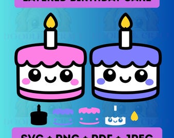 Niedliches Geburtstagskuchen-SVG-Bundle in Rosa und Blau mit mehrlagigem Kawaii-Gesicht, Cricut-Schnittdatei, druckbare PNG-Datei für Sticker, Clipart, digitaler Download