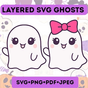 May include: Two cartoon ghosts with smiling faces and blush. One ghost has a pink bow. The image includes the text "LAYERED SVG GHOSTS" and "SVG+PNG+PDF+JPEG" on a purple background. Halloween-themed digital art.