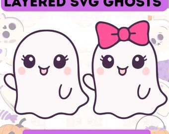 Layered Geist Halloween SVG Digital Download Bundle Perfekt für Cricut, Kawaii Rosa Mädchen Geist Clipart Aufkleber PNG