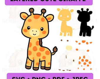 Giraffe SVG, Baby Safari Animal, Kawaii Cartoon Layered Cricut Cut Datei, bedruckbare Clipart PNG, digitaler Download