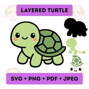 Kawaii Turtle SVG, gelaagde vinyl decal gesneden bestand voor Cricut, hoge kwaliteit PNG om af te drukken, schattig eenvoudig ontwerp, instant digitale download