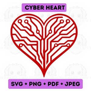 May include: A red heart-shaped design with a circuit board pattern. The text "CYBER HEART" is above the heart, and below it are the words "SVG + PNG + PDF + JPEG" on a purple background. The design is on a white background.