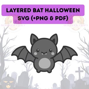 May include: A cute, cartoon-style gray bat with outstretched wings, a light gray belly, and rosy cheeks. The image includes the text "LAYERED BAT HALLOWEEN SVG (+PNG & PDF)" in a purple banner. The background features a graveyard scene.
