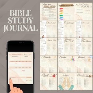 May include: A digital planner for Bible study with a pink and white background. The planner includes a monthly calendar, daily gratitude prompts, and a section for prayer. The planner also includes a Bible highlighting guide and a list of recommended Christian podcasts.