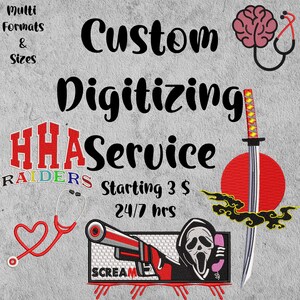 Könnte beinhalten: Individuelle Digitalisierungsservice ab 3 $. Das Bild zeigt eine Vielzahl von Designs, darunter ein Gehirn, ein Stethoskop, ein Samurai-Schwert, ein roter Kreis, eine Wolke, eine Waffe, ein Geist und der Text "Scream".