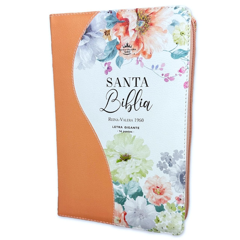 May include: A zippered Bible cover with a floral design. The cover is peach and white with a floral pattern. The text on the cover reads "Santa Biblia Reina-Valera 1960 Letra Gigante - 14 puntos."