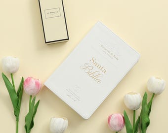 Biblia de Boda Letra Grande 12 puntos RV1960 imit piel blanco con indice - Aros