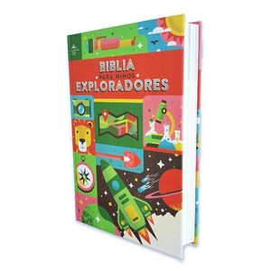 May include: A colorful children's book titled "Biblia Para Niños Exploradores" with a vibrant cover design. The cover features illustrations of a rocket, map, lion, and other exploration-themed graphics. The book is set against a white background.