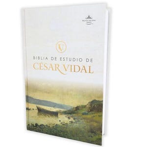 May include: A hardcover book titled "Biblia de Estudio de César Vidal" with a landscape painting on the cover. The cover features a boat on a lake, with the text in gold. The book is white with a gold emblem.