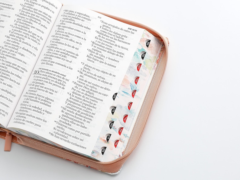 May include: A close-up of a pink zippered Bible cover with a floral pattern. The cover has a zipper closure and a ribbon bookmark. The Bible is open to the book of Job, chapter 30, verses 29-31.