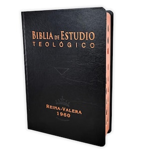May include: Black Bible with gold lettering that reads "Biblia de Estudio Teológico" and "Reina-Valera 1960". The edges of the pages are a salmon color. The cover has a textured appearance.
