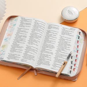 May include: A pink leather-bound journal with a zipper closure. The journal is open to reveal pages with Spanish text. A pen and a small round container are also visible.