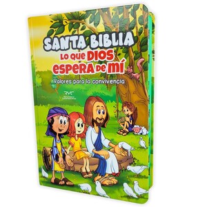 May include: A children's book titled "SANTA BIBLIA Lo que DIOS espera de Mí" with colorful illustrations. The cover features cartoon figures, including Jesus, children, and animals, set against a green and yellow background.