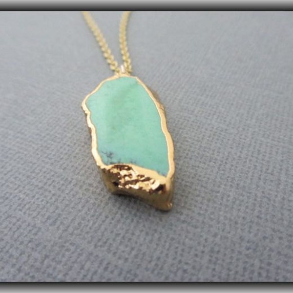 Green Turquoise Necklace- Gold and Green Turquoise Slice Necklace