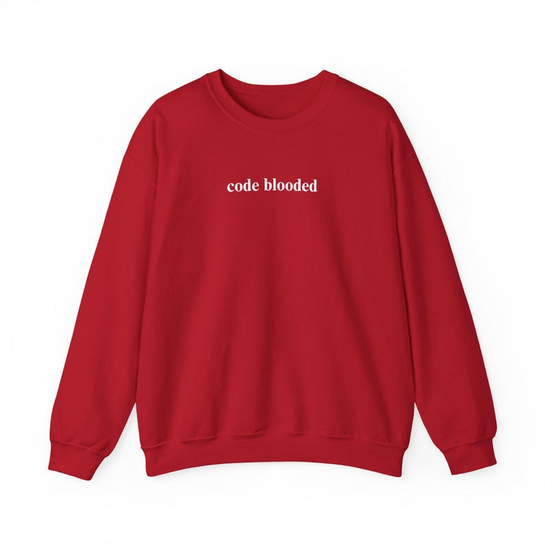 May include: A red sweatshirt with the text "code blooded" in white, centered on the chest. The long-sleeved top is made of a soft material and is suitable for casual wear. The crew neck design is visible.