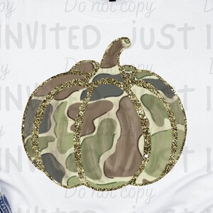 May include: A gold glitter pumpkin with a camouflage pattern. The pumpkin is a digital illustration.