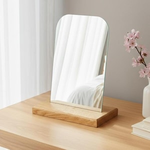 Rectangular Wood Stand Mirror, Minimalist Desk Vanity Decor, Small Table Mirror