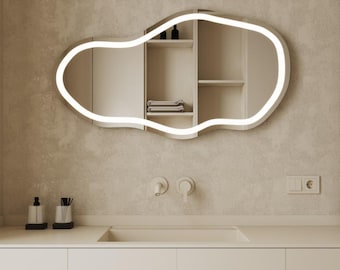 Modern Home Decor Front LED Mirror Aura Glow - Bathroom Hallway Hanging Mirror - Asymmetric Design