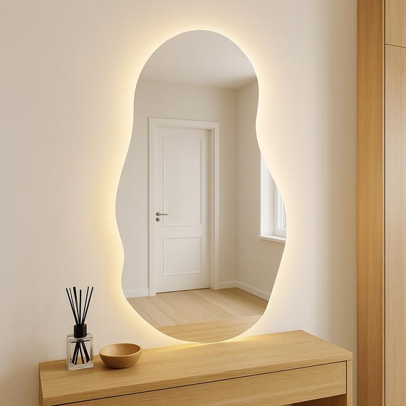 Wavy Oval LED Wall Mirror – Irregular Curved Edge Mirror with Backlight for Bedroom, Entryway or Vanity, Modern Artistic Wall Decor