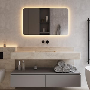 Rechteckiger Wandspiegel mit abgerundeten Ecken, LED-Spiegel, einstellbares warmes, neutrales, kaltes Licht, Berührungssensor, moderner Badezimmer-Schminkspiegel