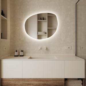 LED-Spiegel mit Hintergrundbeleuchtung, zerknitterter, kreisförmiger Spiegel für Badezimmer, Schlafzimmer, unregelmäßiger Wandspiegel, asymmetrischer rahmenloser Spiegel, Wohnkultur