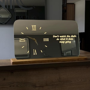 Personalized Mirror Clock with LED Light & Motivational Quote, Luxury Clock on Wooden Base, Gift for Him or Her, Office or Bedroom Decor