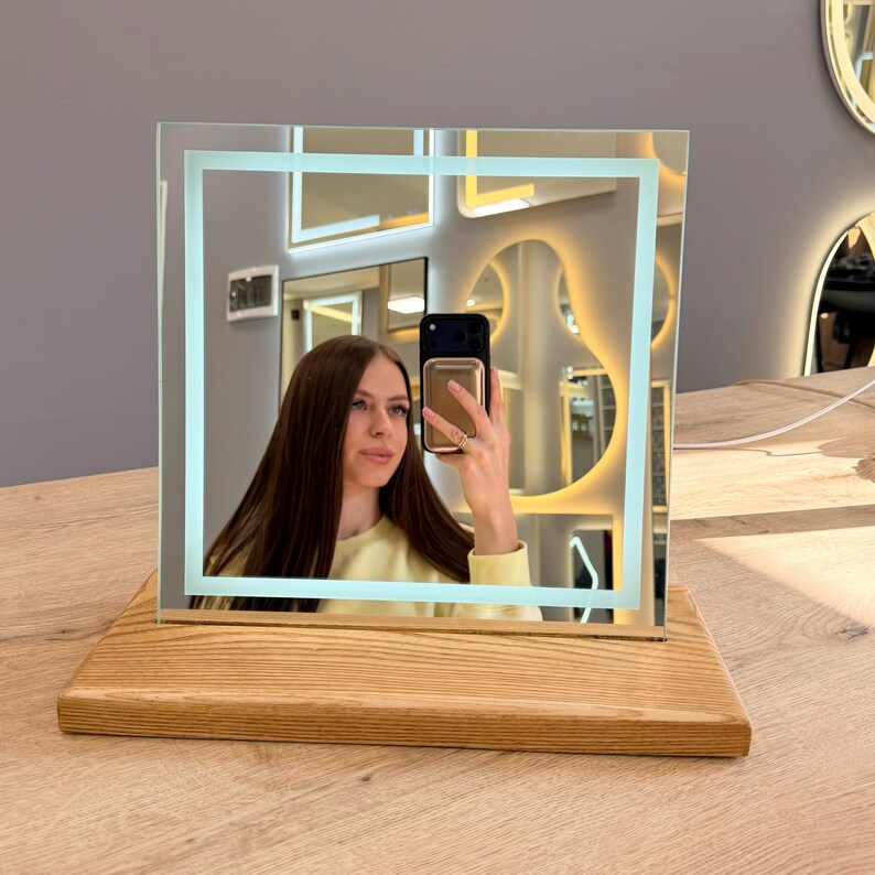 Square frameless desk mirror with  stand and aesthetic room decor styling