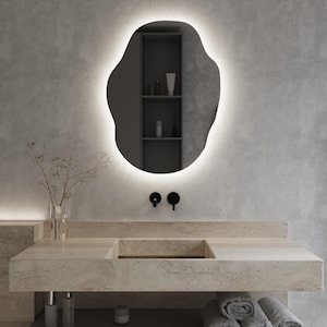 Irregular Wavy LED Backlit Bathroom Mirror, Asymmetrical Lighted Vanity Mirror, LED Wall Mirror, Illuminated Mirror, Bathroom Vanity Mirror