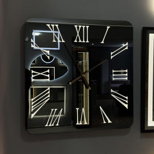 Large Rectangular Mirror Clock with LED Backlight, Roman Numerals, Modern Decorative Design, Lighted Wall Clock for Living Room or Office