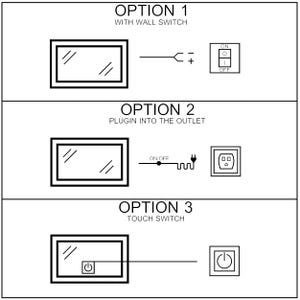 May include: Diagram showing three different ways to install a bathroom mirror with light. Option 1 shows a wall switch, option 2 shows a plug-in outlet, and option 3 shows a touch switch.