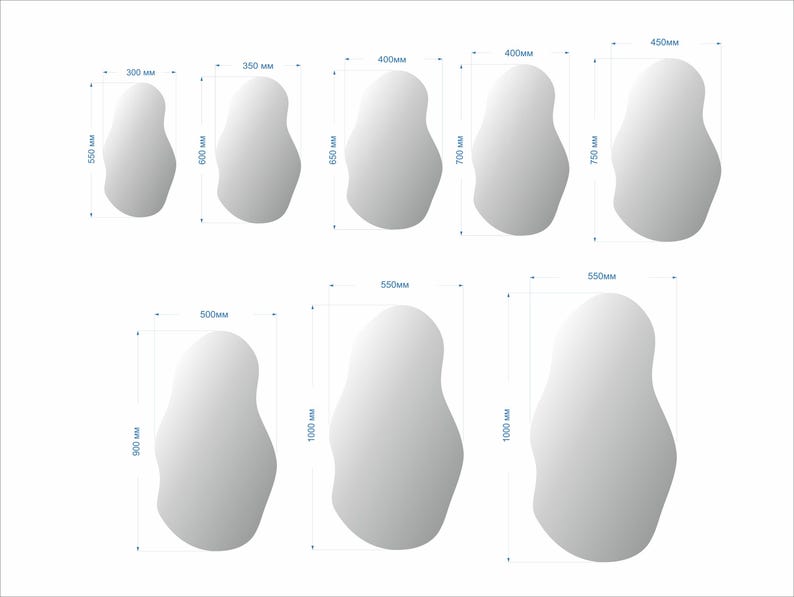 May include: A set of 10 different sized, irregular shaped, white mirrors. The mirrors are all in a white frame and are arranged in two rows. The measurements of each mirror are listed in millimeters.