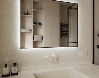 Modern Rectangular LED Mirror with Black Decorative Frame, Backlit Wall Mirror for Bathroom, Vanity, Hallway, Minimalist Design, Custom Size