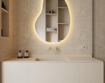 Irregular Wall Mirror, Modern LED Backlit Mirror, Unique Shape Vanity Mirror for Bathroom, Decorative Mirror for Living Room or Bedroom