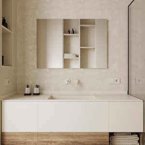 May include: A white bathroom vanity with a white countertop and a white sink. The vanity has two drawers and a wooden base. There is a mirror above the sink with a medicine cabinet.