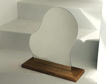 Asymmetrical Vanity Mirror: Modern Silver Makeup Mirror for Desk