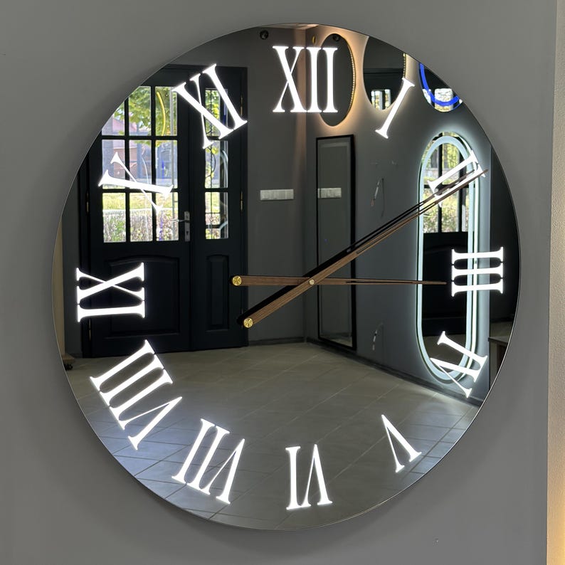Extra Large Mirror Wall Clock Illuminated Mirror Clock Roman Numerals