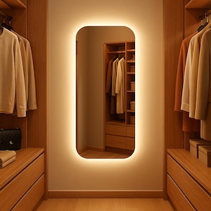 Rectangular LED Backlit Mirror for Closet or Dressing Room – Modern Frameless Wall Mirror with Soft Ambient Light