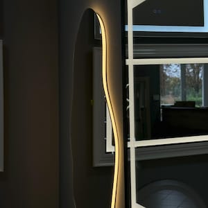 May include: A modern, wavy-shaped mirror with a thin, warm white LED light strip around the perimeter. The mirror is mounted on a black wall and reflects a room with a window.
