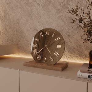 Modern LED Mirror Clock, Roman Numeral Dial, Wooden Stand, USB Powered Desk Decor, New Home Wedding Gift