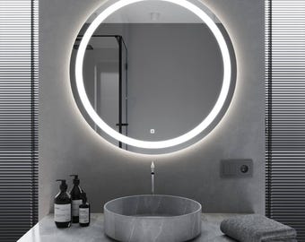 Round LED Mirror with Front and Backlight, Dual Lighted Wall Vanity Mirror for Bathroom, Modern Makeup Mirror with Ambient Glow, Home Decor