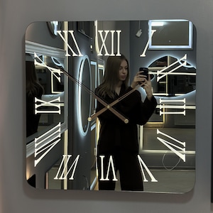 Illuminated Mirror Clock, Square Wall Clock, Oversize Wall Clock, Extra Large Clocks, Roman Numerals Wall Clock, Handmade Wall Decor
