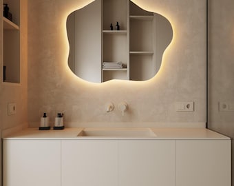 Cloud Shape LED Mirror with Backlight, Modern Organic Wall Mirror for Bathroom or Hallway, Irregular Wavy Design with Ambient Lighting