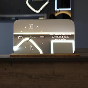 Silent LED Mirror Clock with Custom Quote, Elegant Clock on Wooden Stand, Gift for Home or Office, Personalized Wedding Gift, Birthday Gift