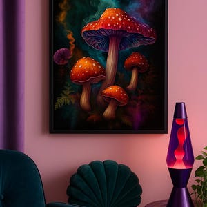 Pacchetto di stampe digitali Magic Mushroom Forest / 5 download di arte murale fantasy psichedelica / Arte stampabile Dark Cottagecore per l'arredamento