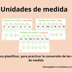 Laminated sheets to work on units of measurement with children. Educational material. In Spanish and Catalan.