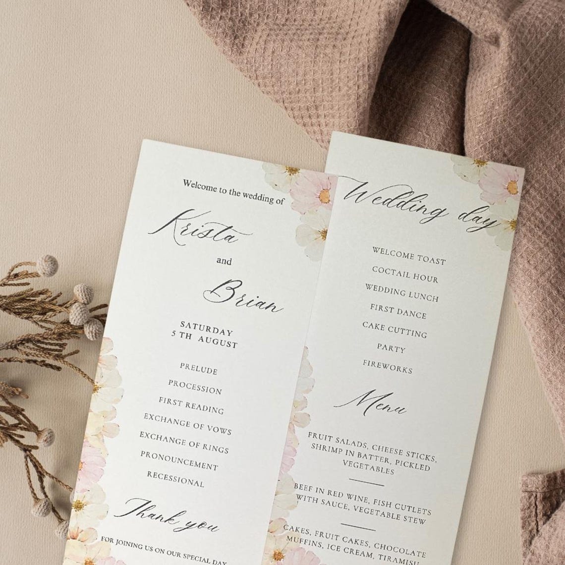 Editable Two-sided Menu and Program Template With Elegant Floral Design ...